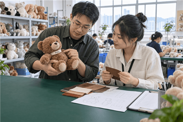 Pufza custom plush toy sample reviewed at a Shenzhen factory worktable
