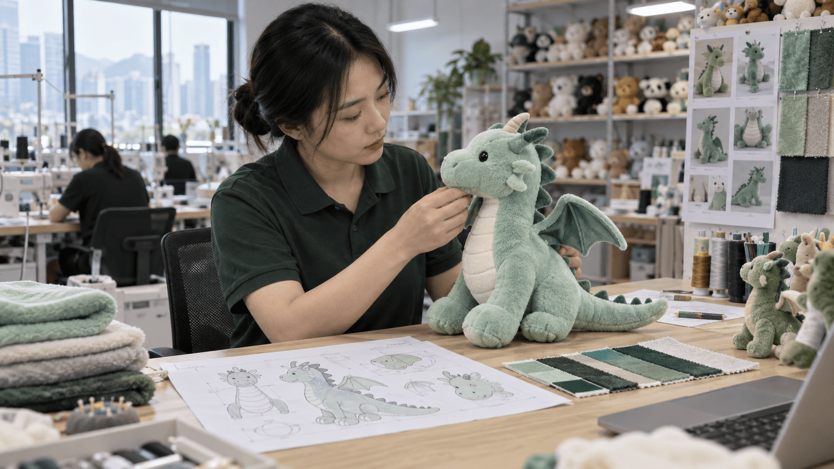 Factory team reviewing custom mascot plush toy details during production preparation