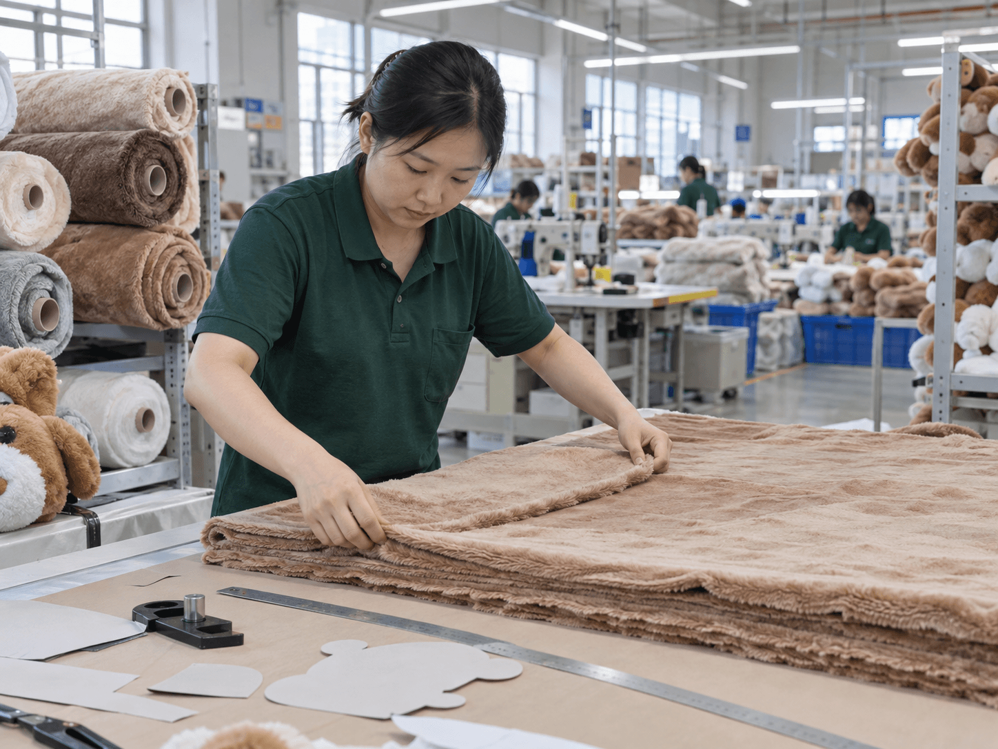 Factory team reviewing plush toy pattern making details during production preparation
