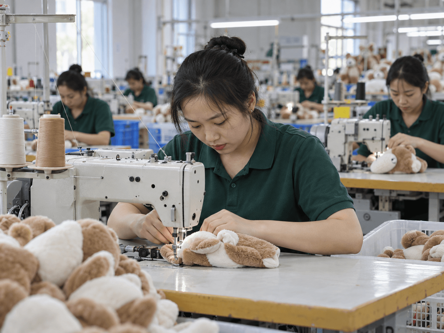Factory team reviewing custom plush toy manufacturer details during production preparation