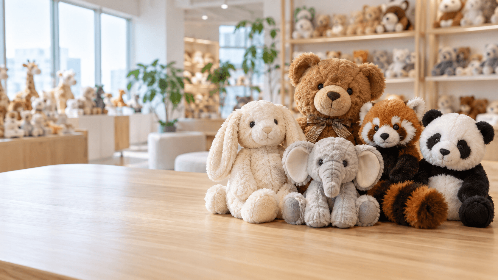 Premium plush toys in a bright factory showroom